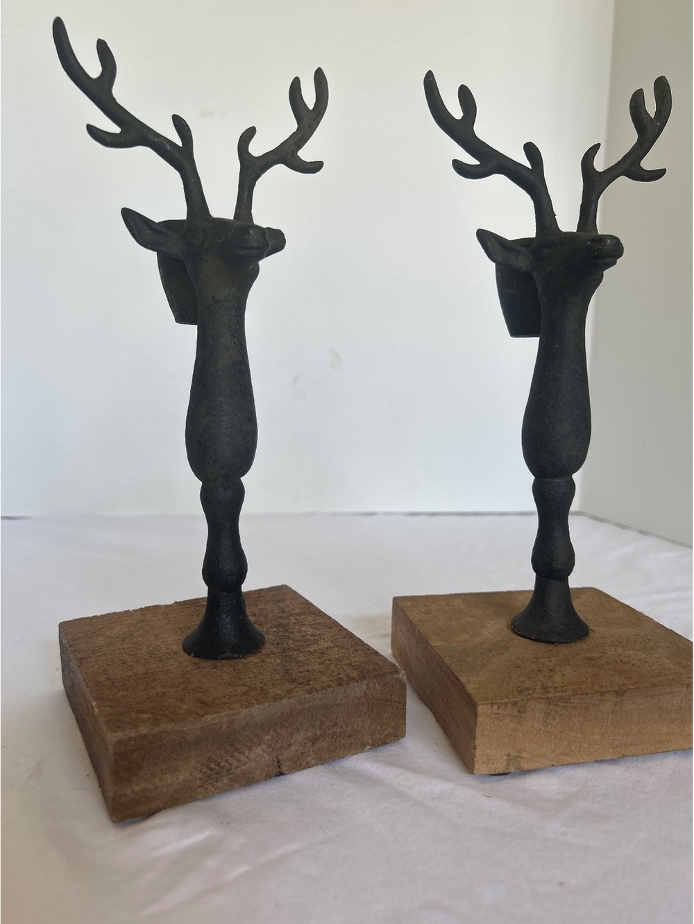 Mud Pie Rustic Reindeer candlesticks on Wooden Bases - Set